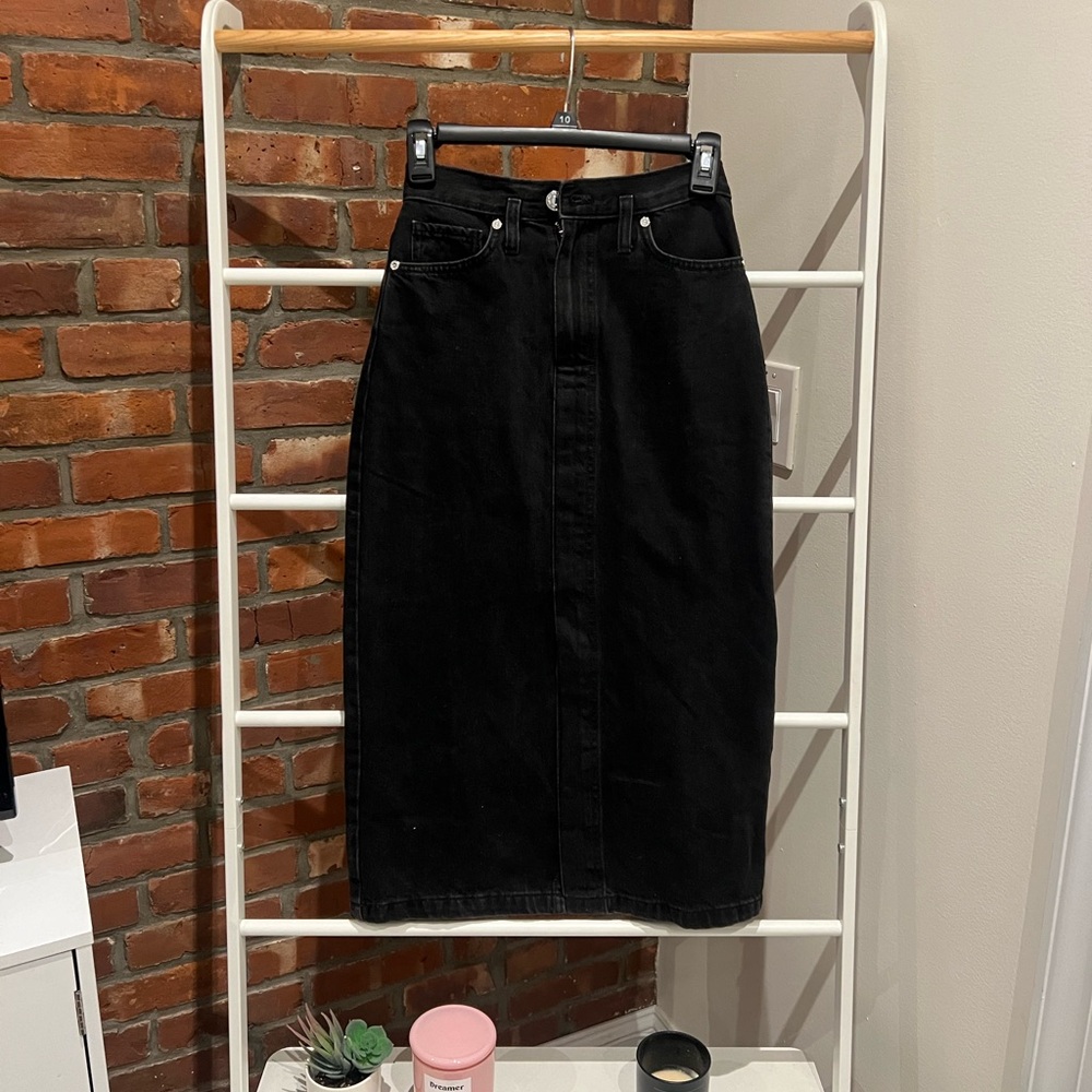 MANGO DARK DENIM FRONT SLIT MIDI SKIRT
